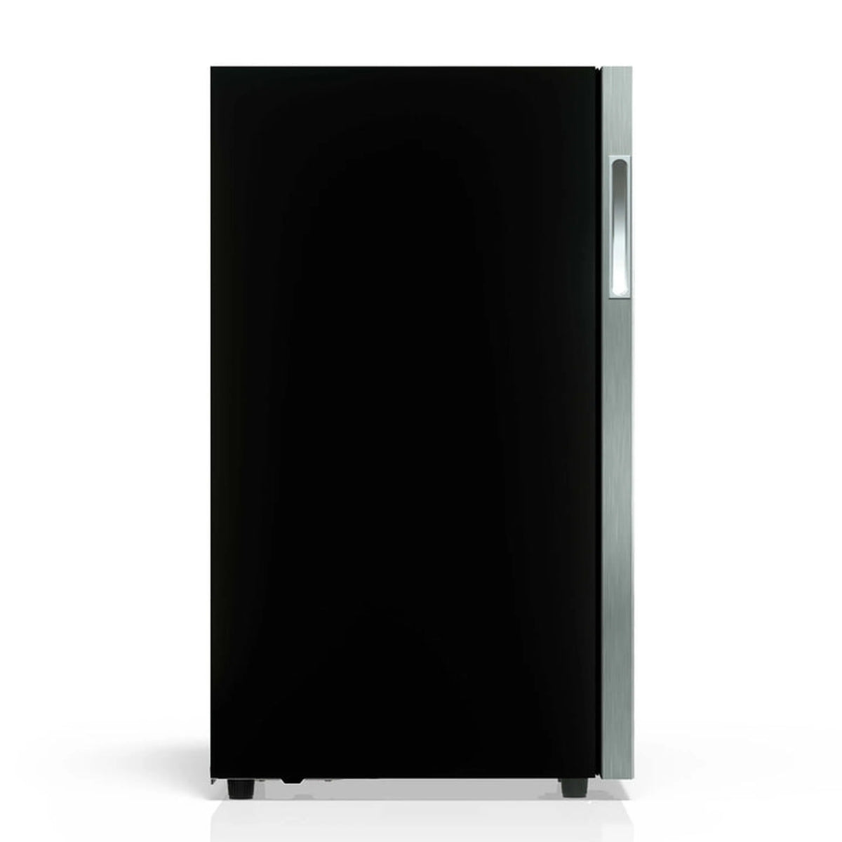 Freestanding beverage cooler with black exterior and vertical metal handle, no door open.