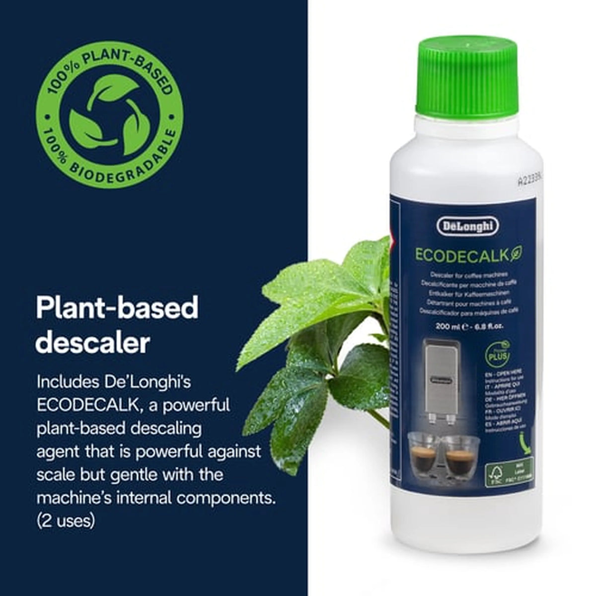De'Longhi ECODECALk plant-based descaler bottle with green cap and leaf graphic
