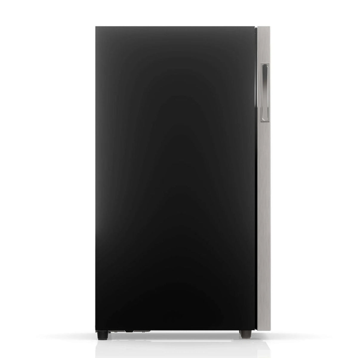 Black wine cooler with side handle and smooth front panel, freestanding.