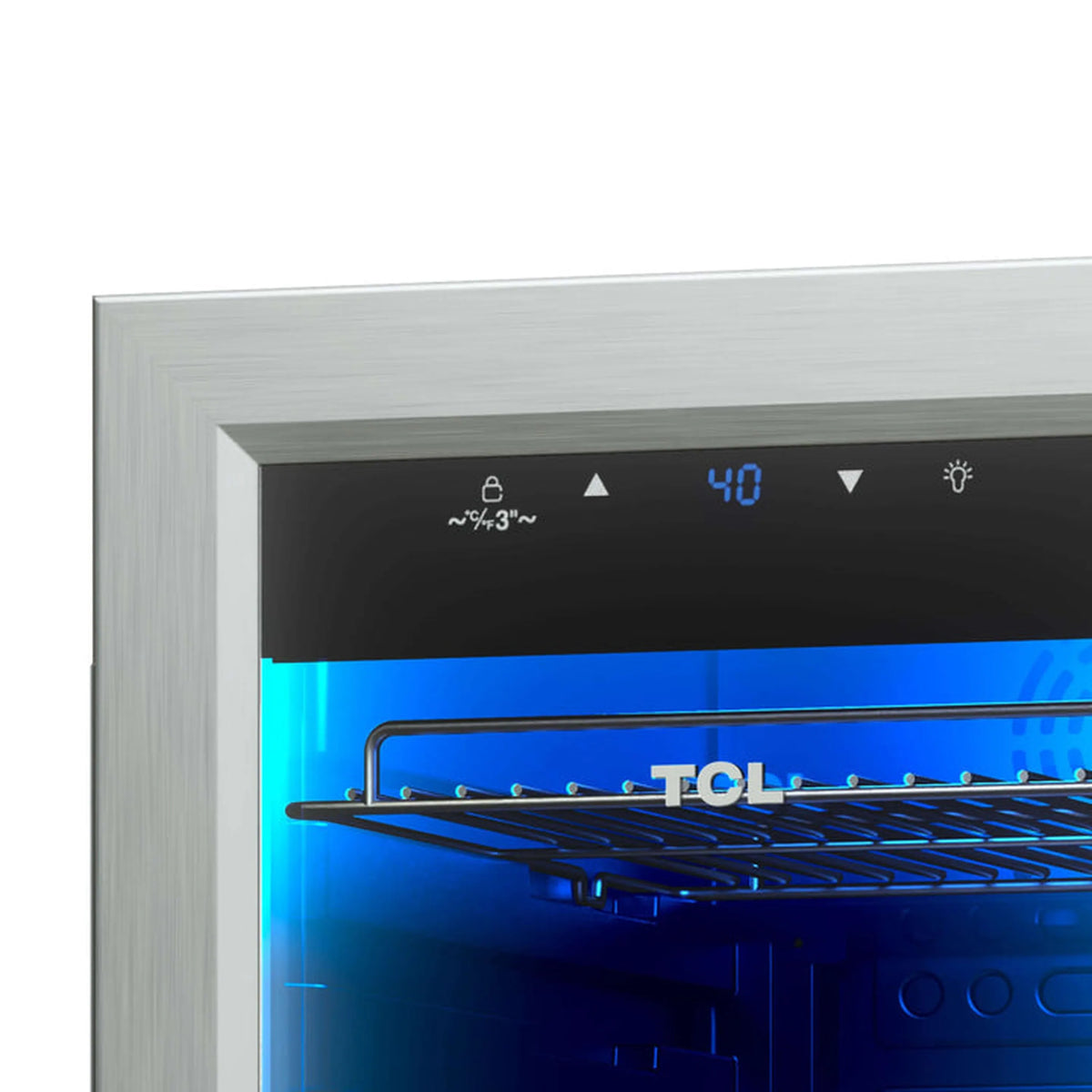 Beverage cooler control panel with digital temperature display and LED indicators above door.