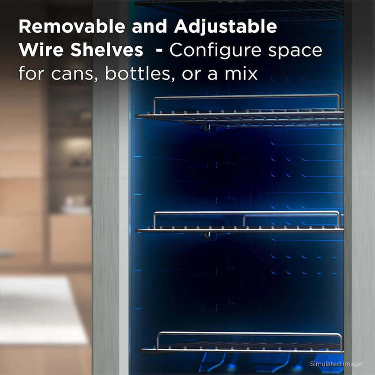 Beverage cooler interior showing adjustable wire shelves with blue LED lighting.