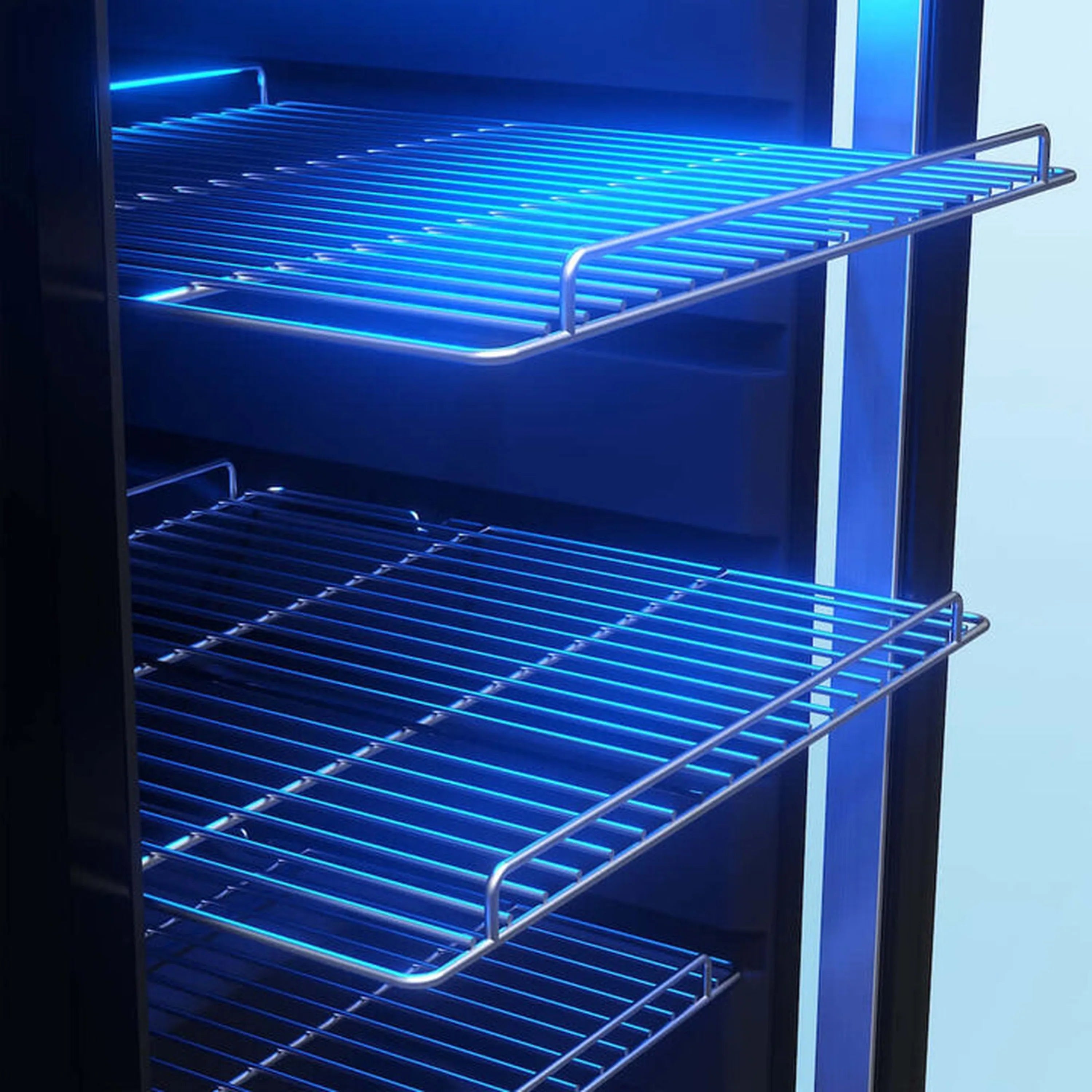 Beverage cooler interior close-up of blue LED-lit wire shelves