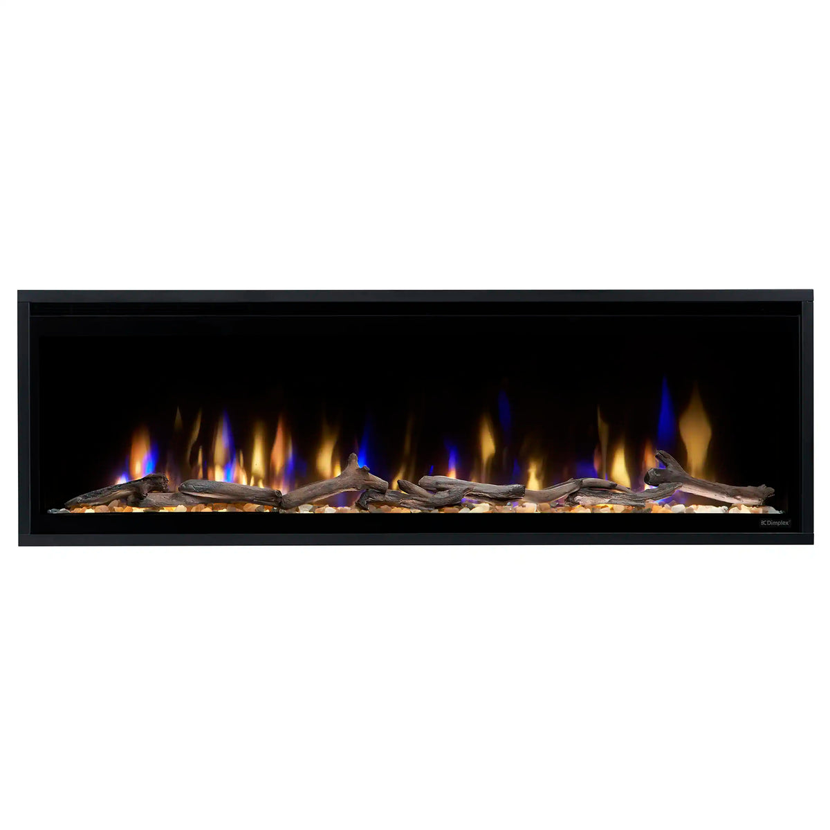 Built-in linear electric fireplace with black trim and blue flame effect