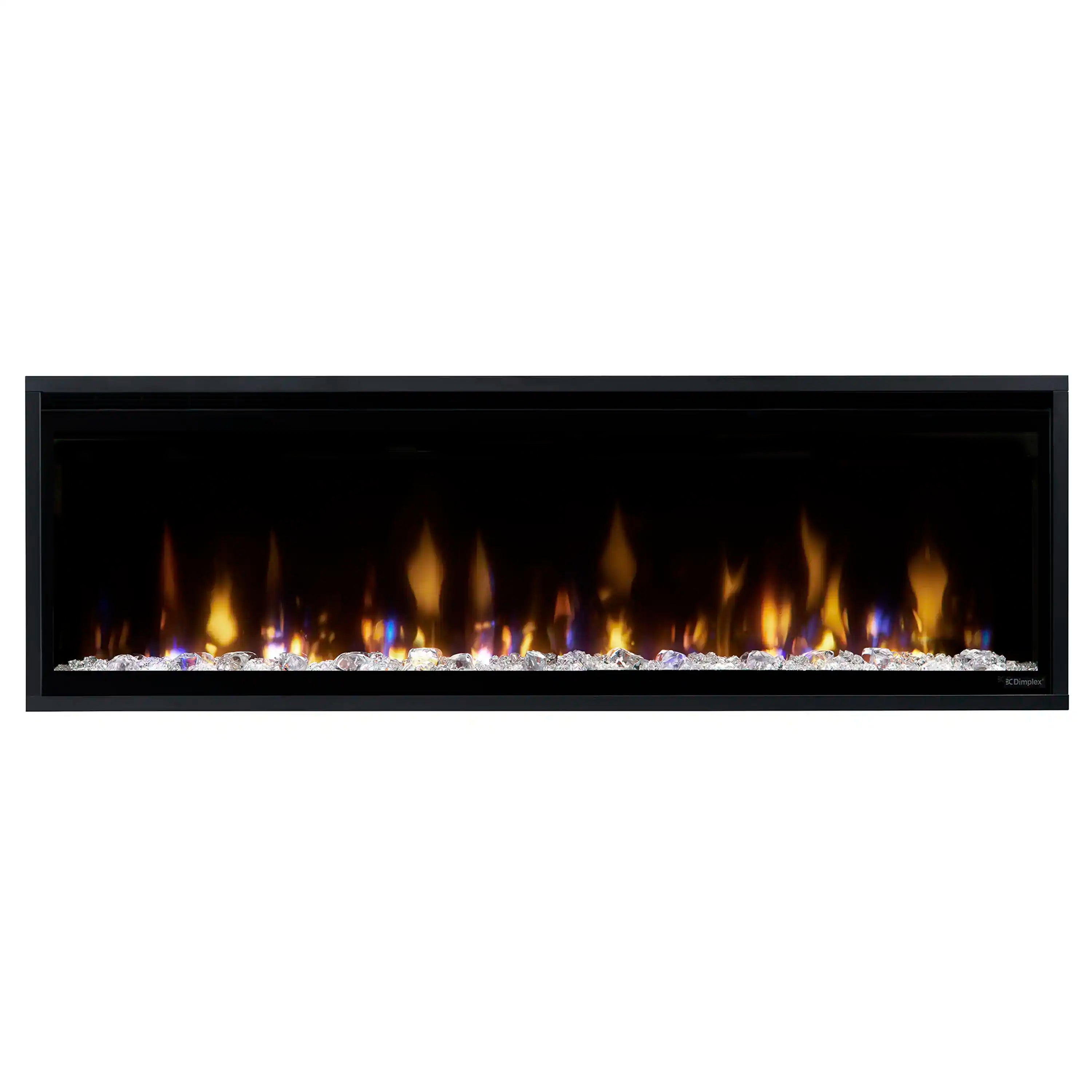 Built-in linear electric fireplace with black trim and orange flame effect