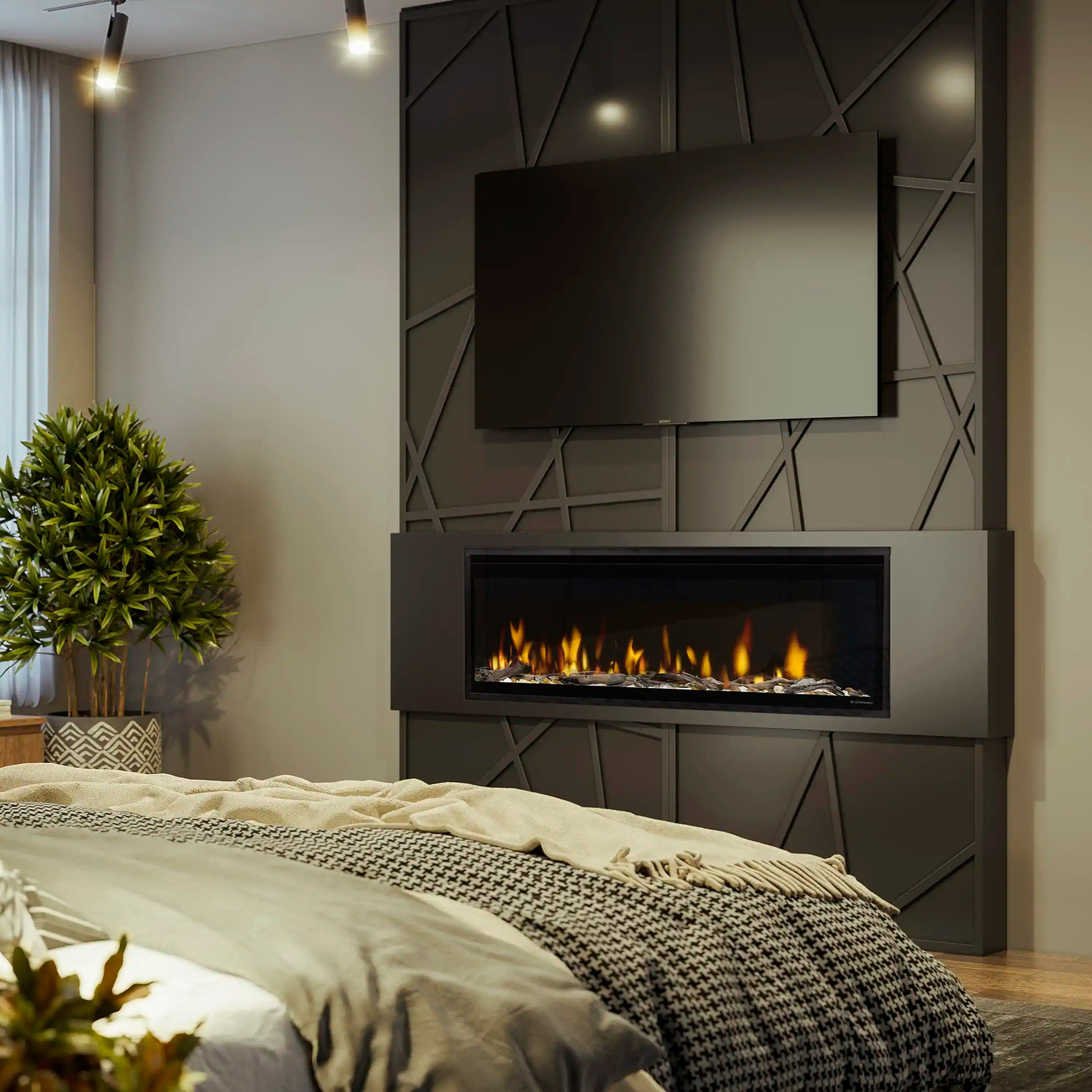 Built-in linear electric fireplace insert with black screen and orange flames