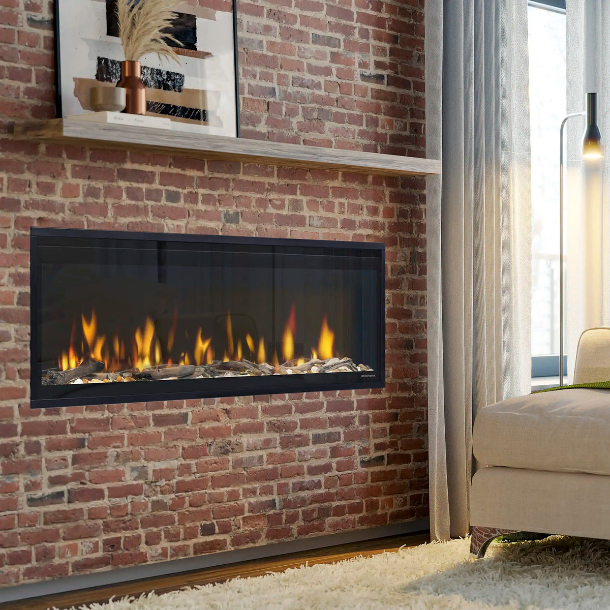 Built-in linear electric fireplace in brick surround, orange flame effect