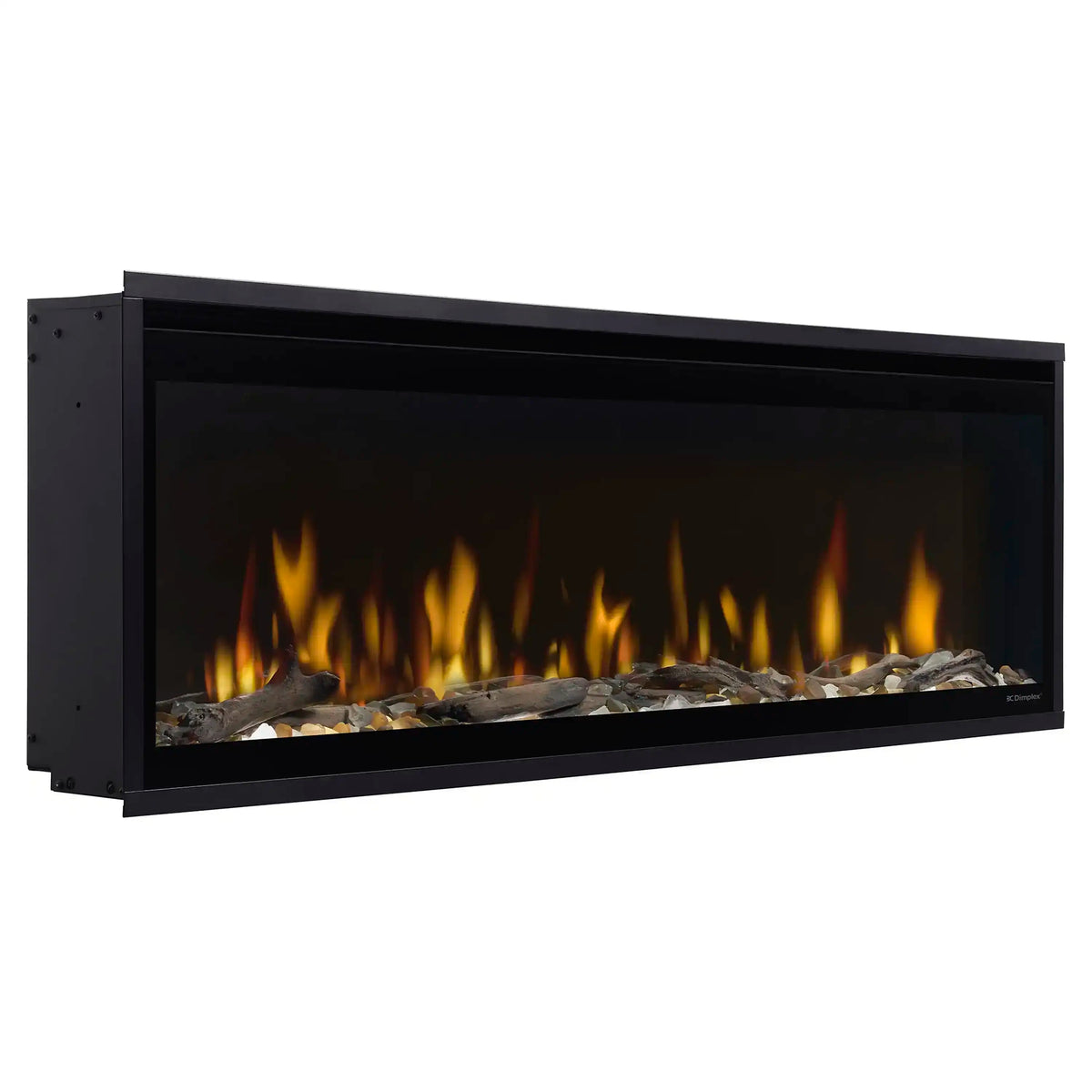 Black built-in linear electric fireplace with flame effect and gray rock media, front view