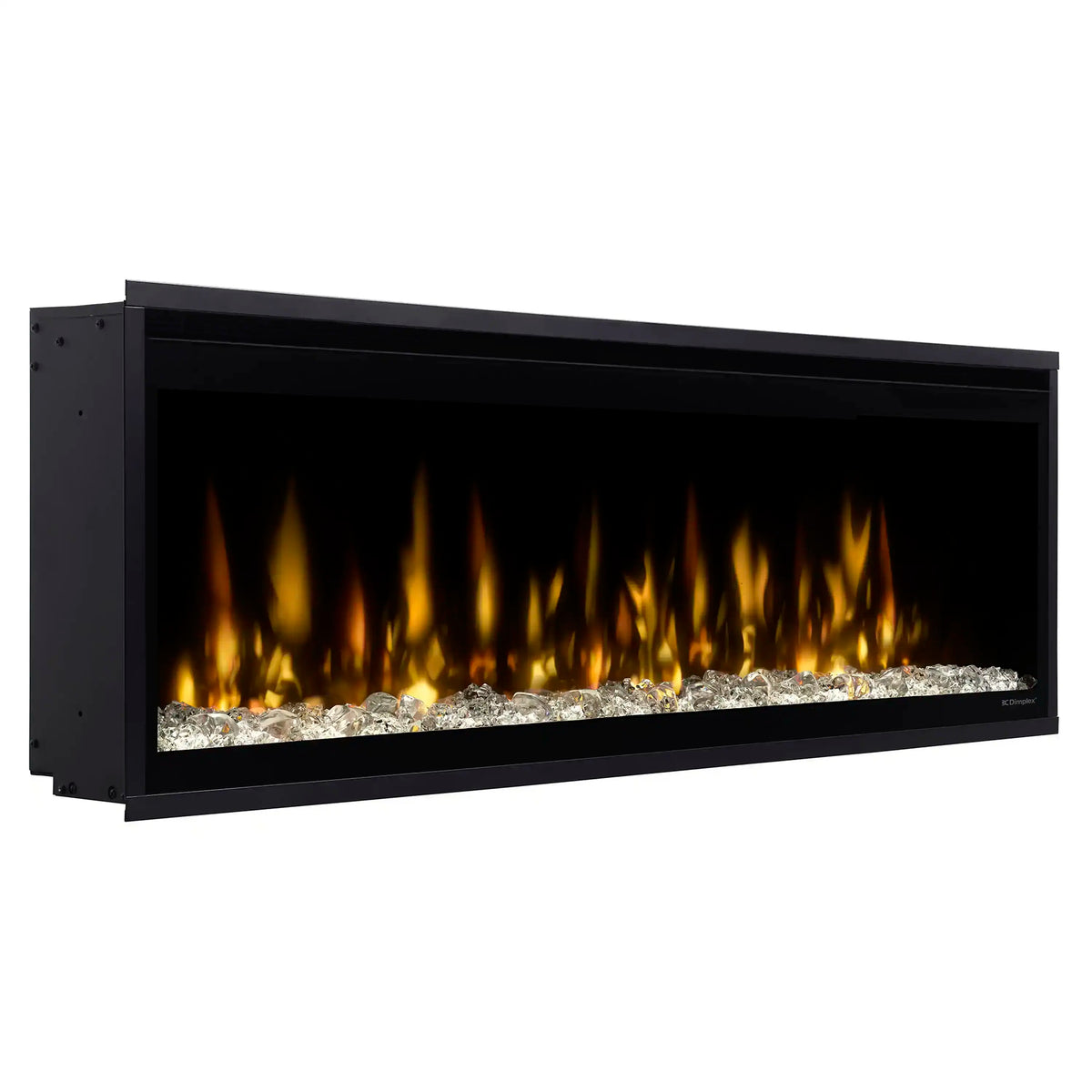 Black linear electric fireplace with bright flames and clear rock bed, front view