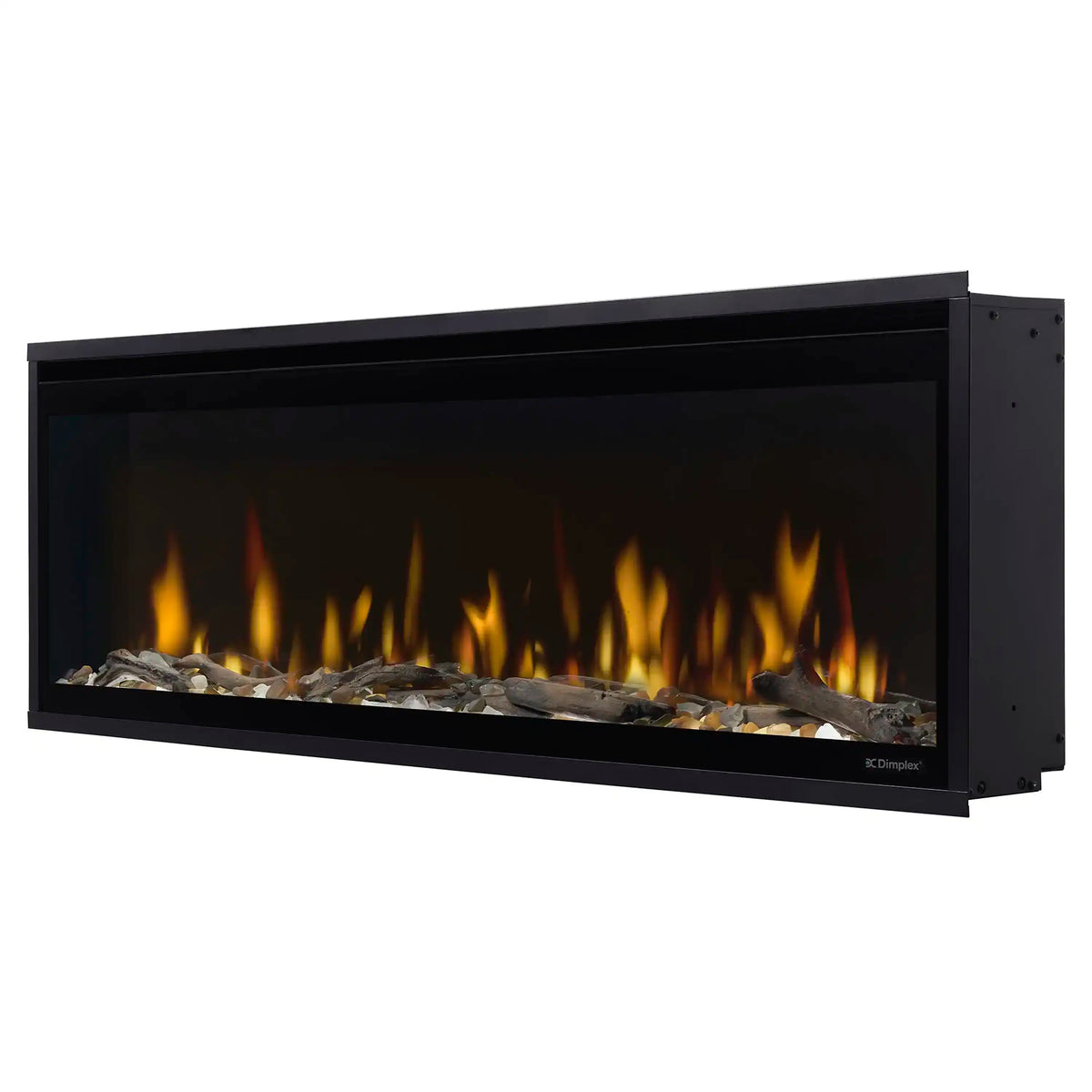 Black built-in linear electric fireplace with flame effect, angled front view
