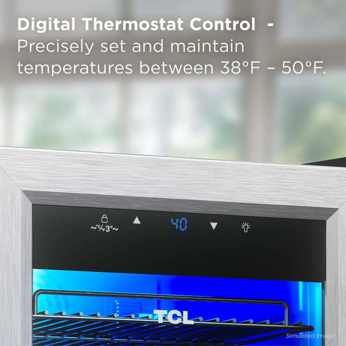 Beverage cooler digital thermostat control panel with temperature readout and blue LED interior.