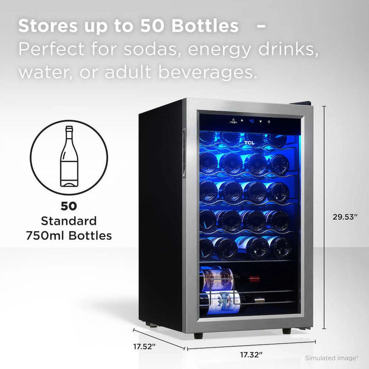 Freestanding wine cooler with glass door and blue LED interior bottle storage