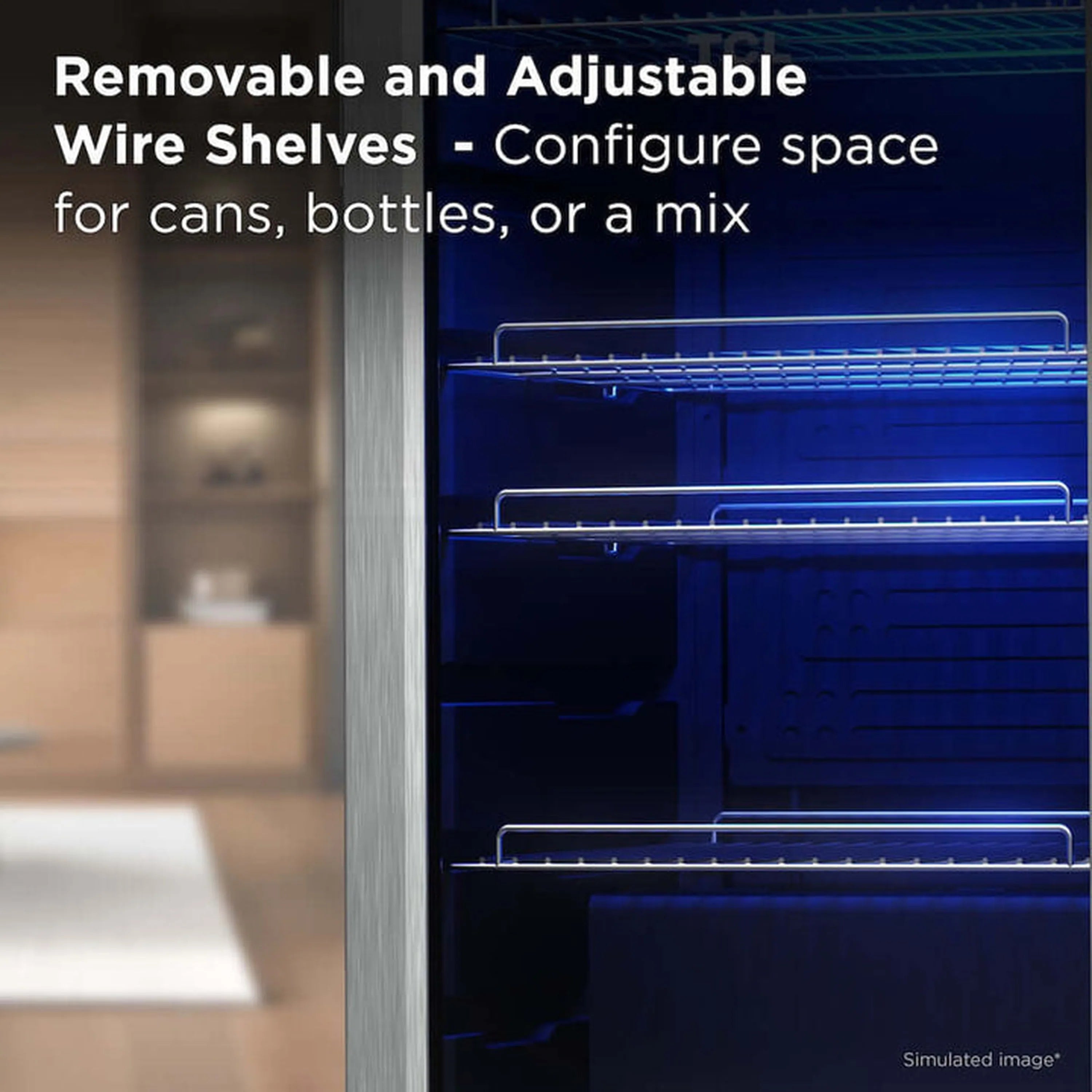 Freestanding beverage cooler interior with removable wire shelves and blue LED lighting