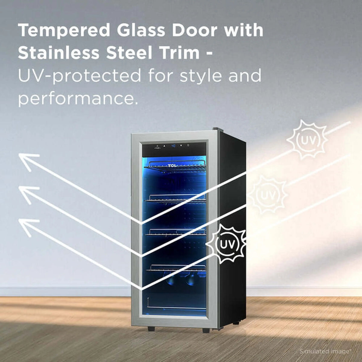 Tempered glass door beverage cooler with stainless steel trim and UV-protected glass styling.