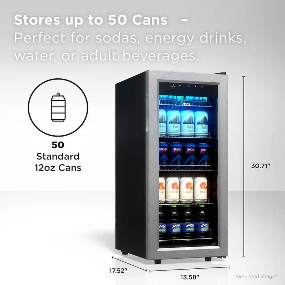 Freestanding beverage cooler with glass door and illuminated shelves for up to 50 cans.