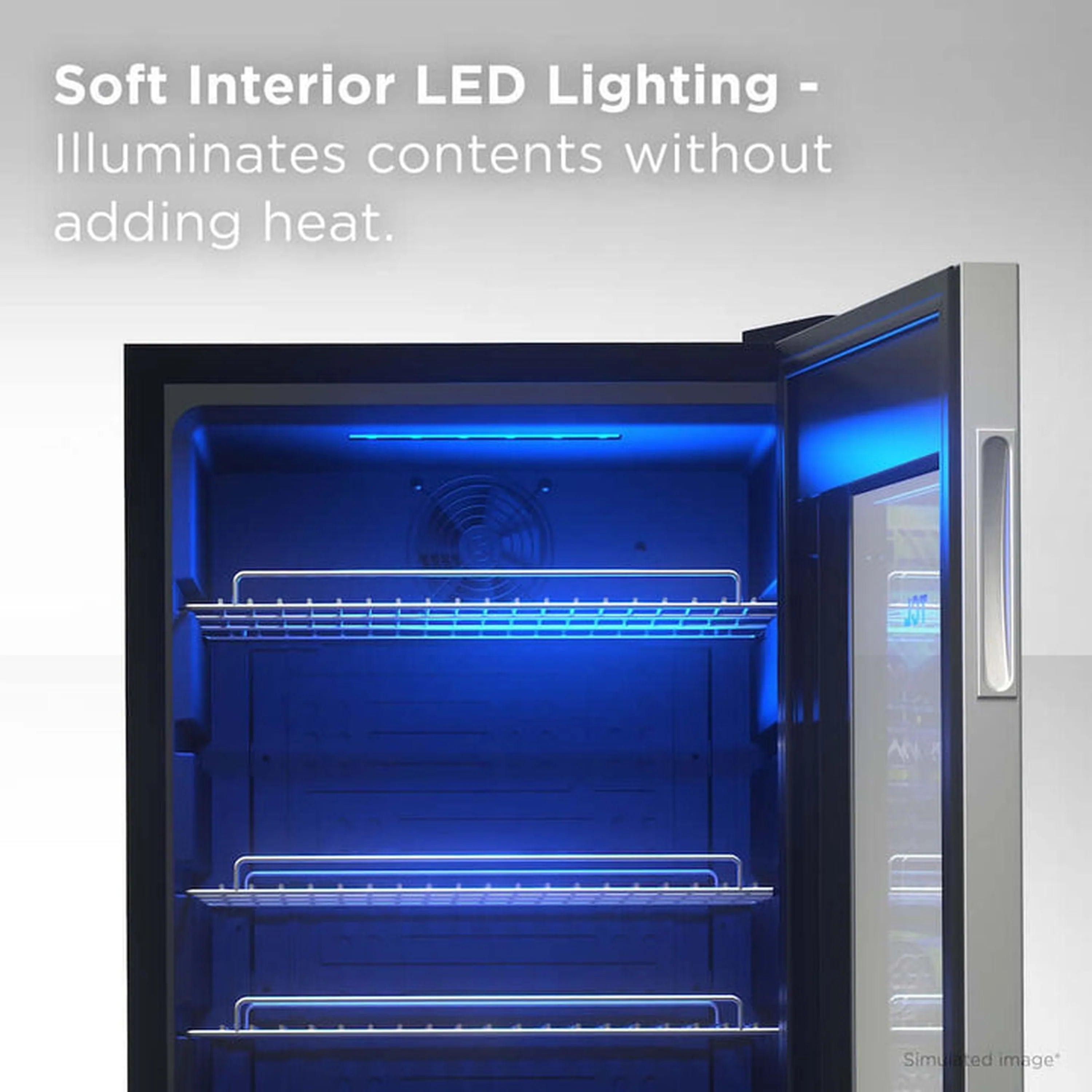 Freestanding beverage cooler with open glass door, blue LED lighting and front wire shelf rack