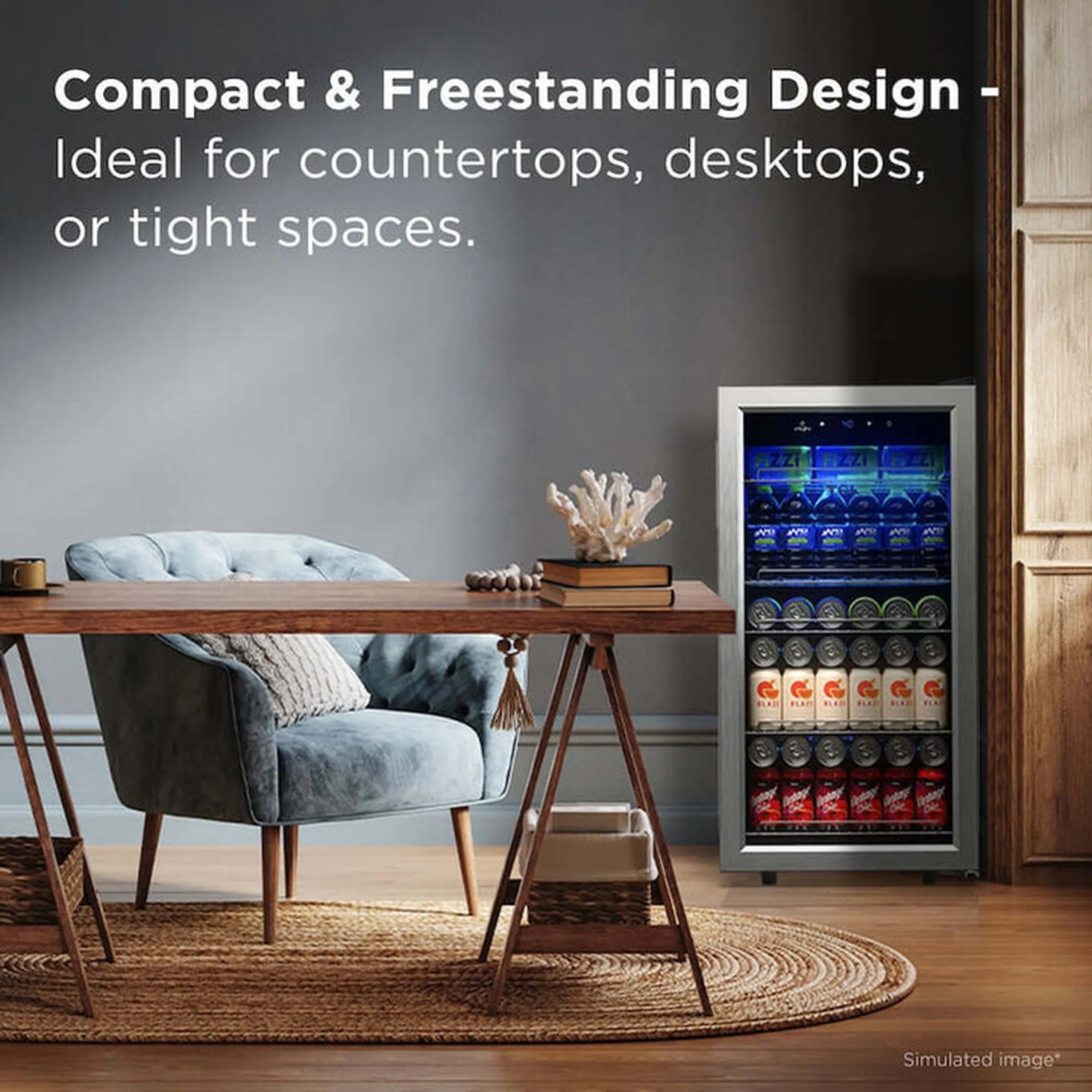 Freestanding beverage cooler with glass door and blue LED interior, standing on floor