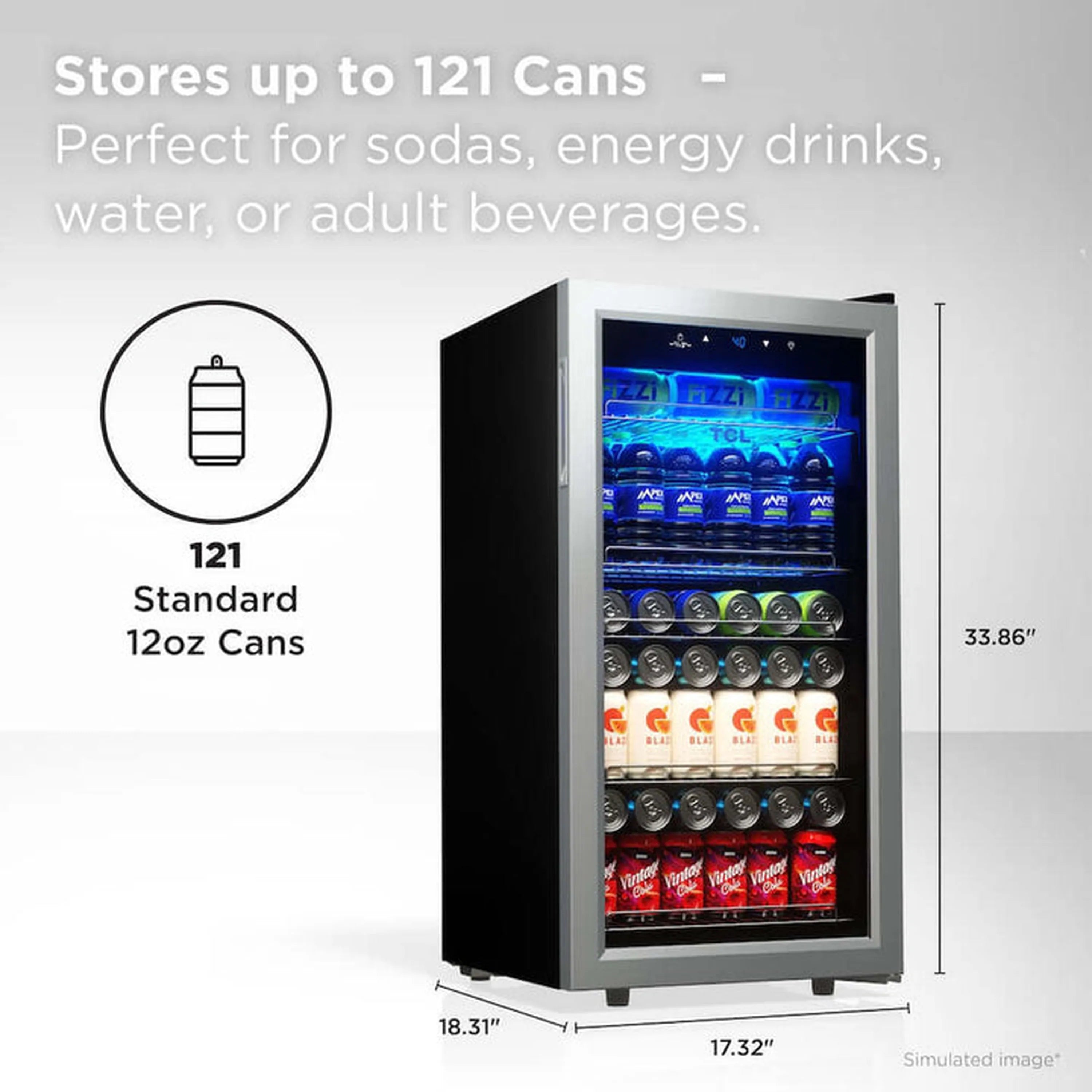 Freestanding beverage cooler with glass door showing cans on blue LED-lit shelves, 121 capacity