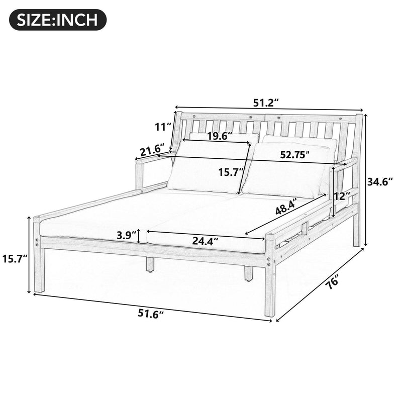 Parrot Uncle Outdoor Patio Daybed with Four Pillows, Wooden Outdoor Bed with Curved Armrests for Poolside, Backyard, Garden