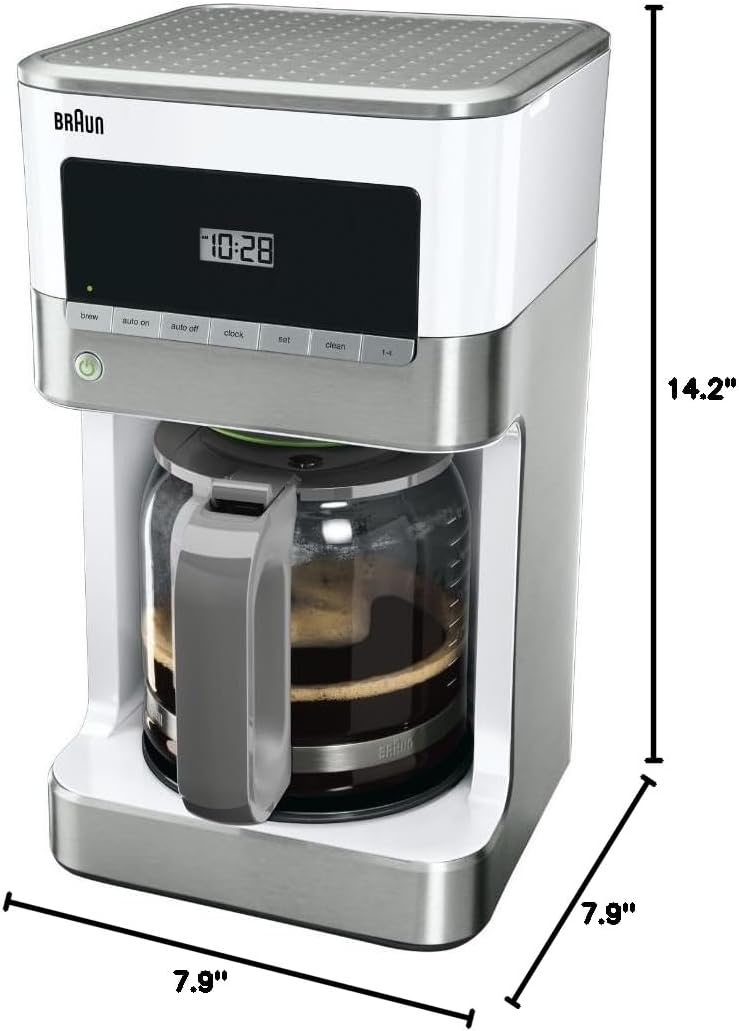 Front view of stainless steel and white 12-cup drip coffee maker with glass carafe