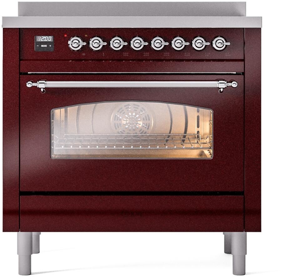 Burgundy electric induction range with oven door window, chrome handle, and control knobs