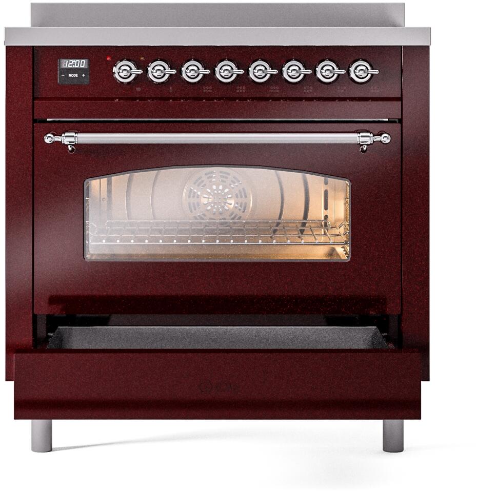 Burgundy electric induction range oven door with window, chrome handle, and control panel
