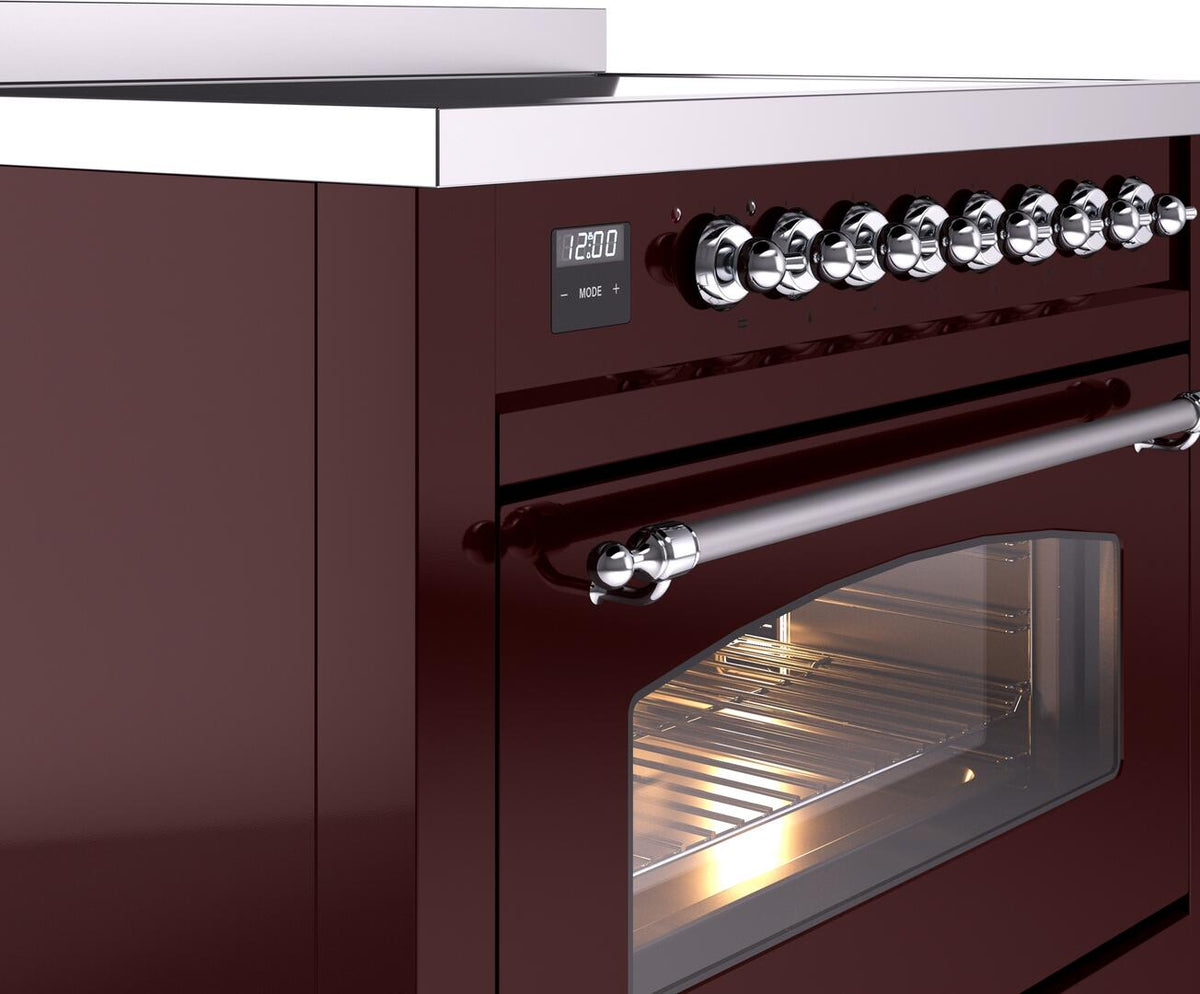 Burgundy electric induction range side view with chrome control knobs and open oven door