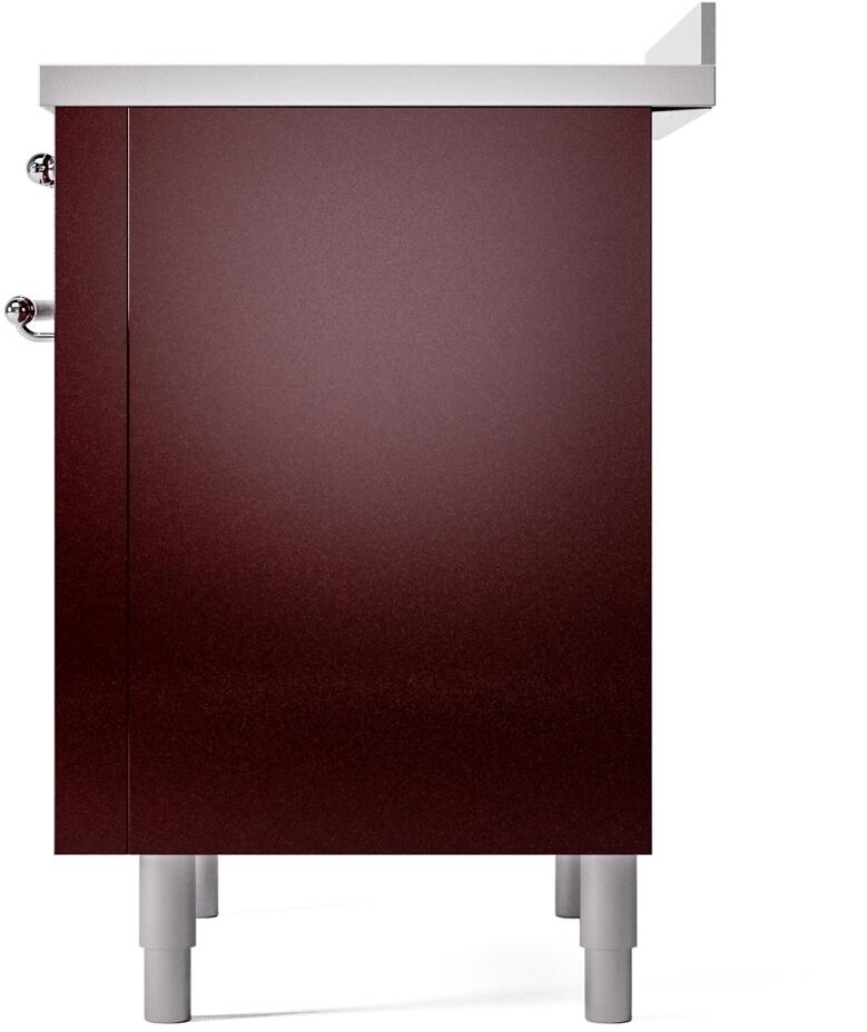 Burgundy freestanding electric induction range side panel with corner handles and legs