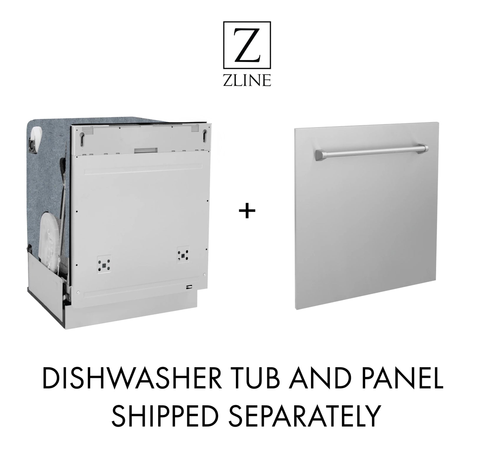 Dishwasher tub and separate front panel components in white, with ZLINE logo.