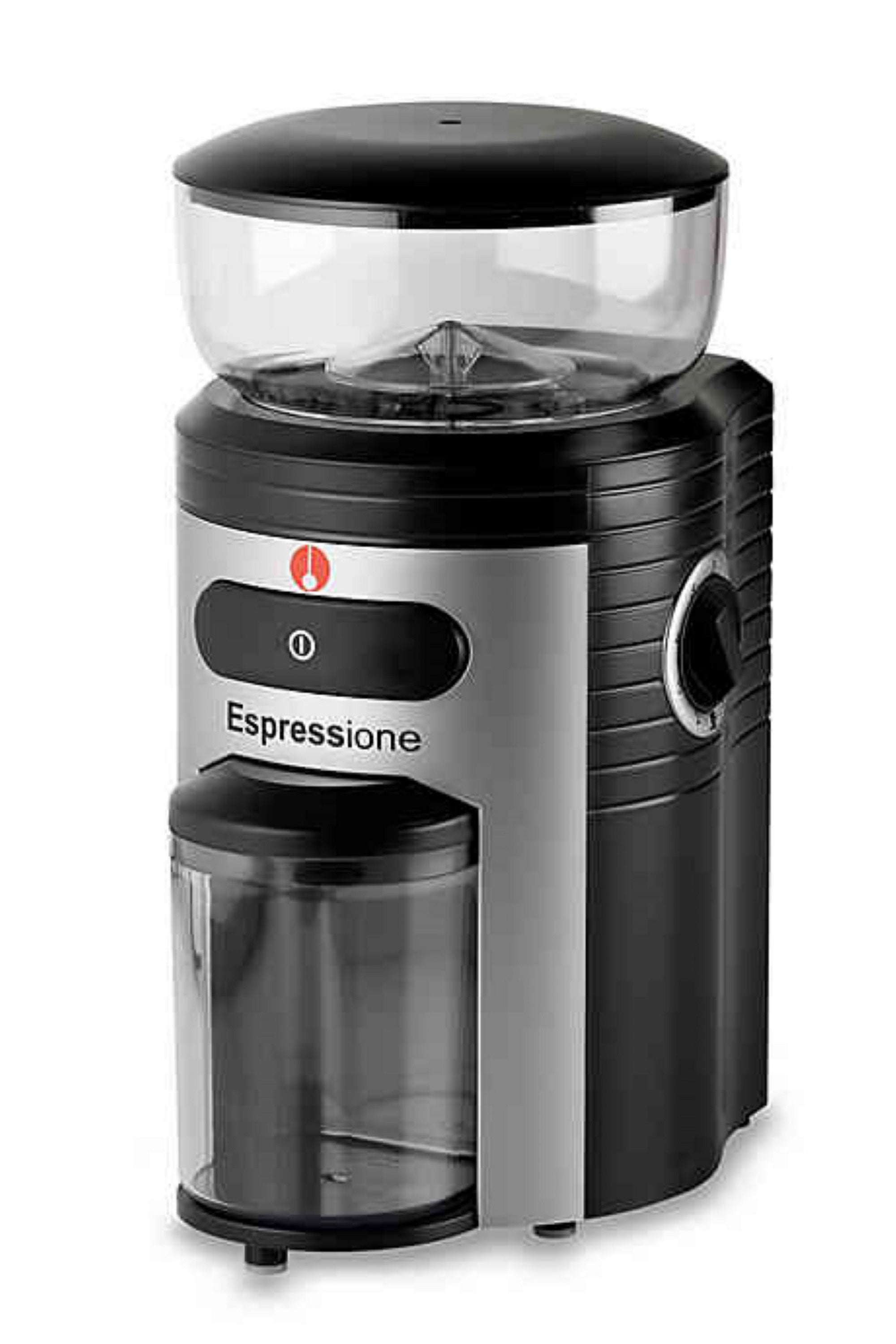 Black and silver conical burr coffee grinder with clear hopper and removable grounds container