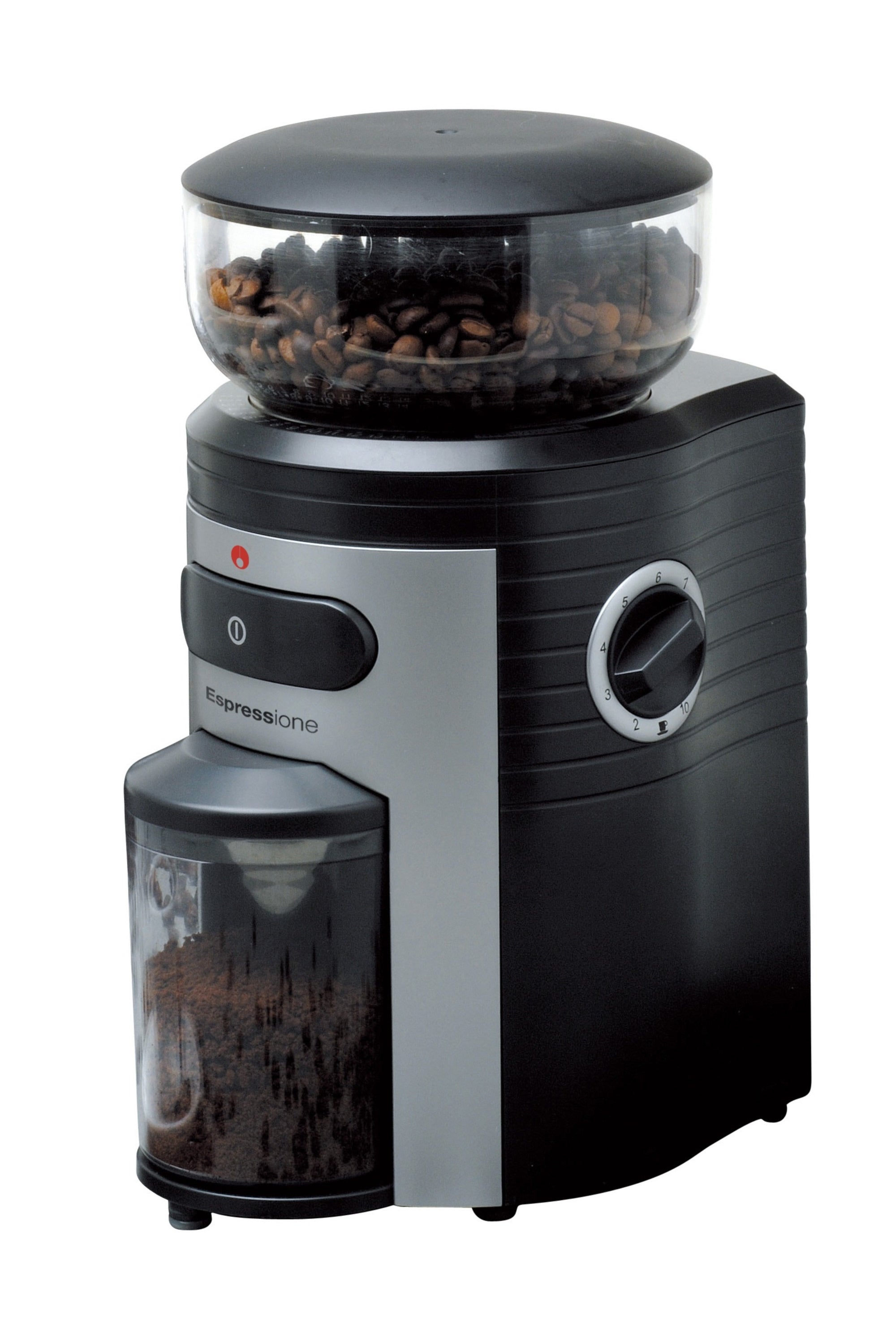 Black and silver conical burr coffee grinder with clear bean hopper and side dial