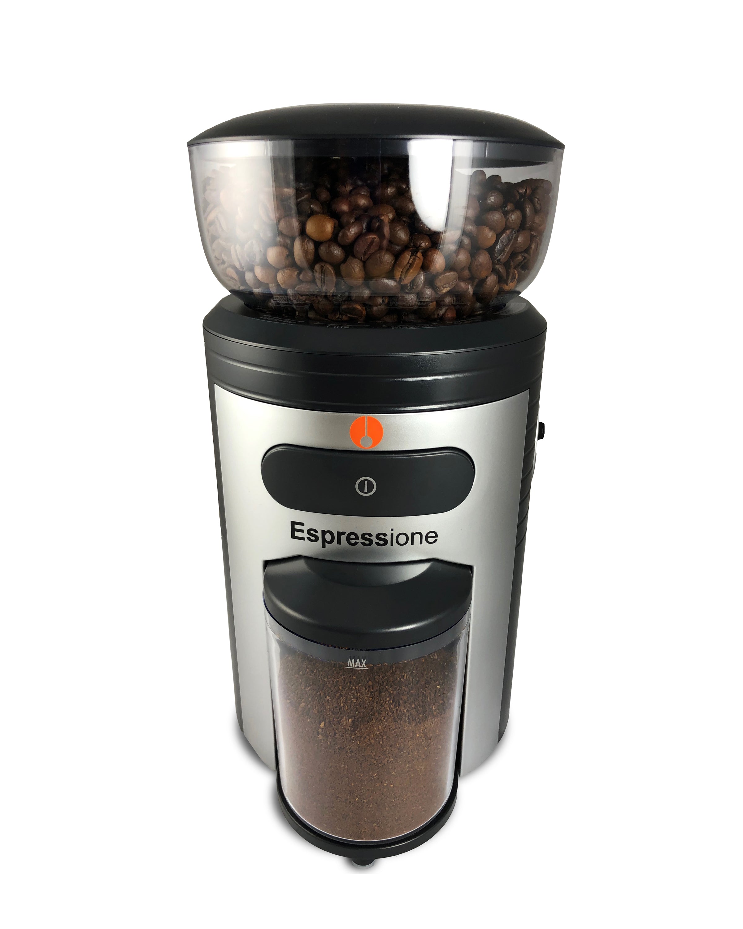 Espressione conical burr coffee grinder with clear hopper, bean container, and selector button