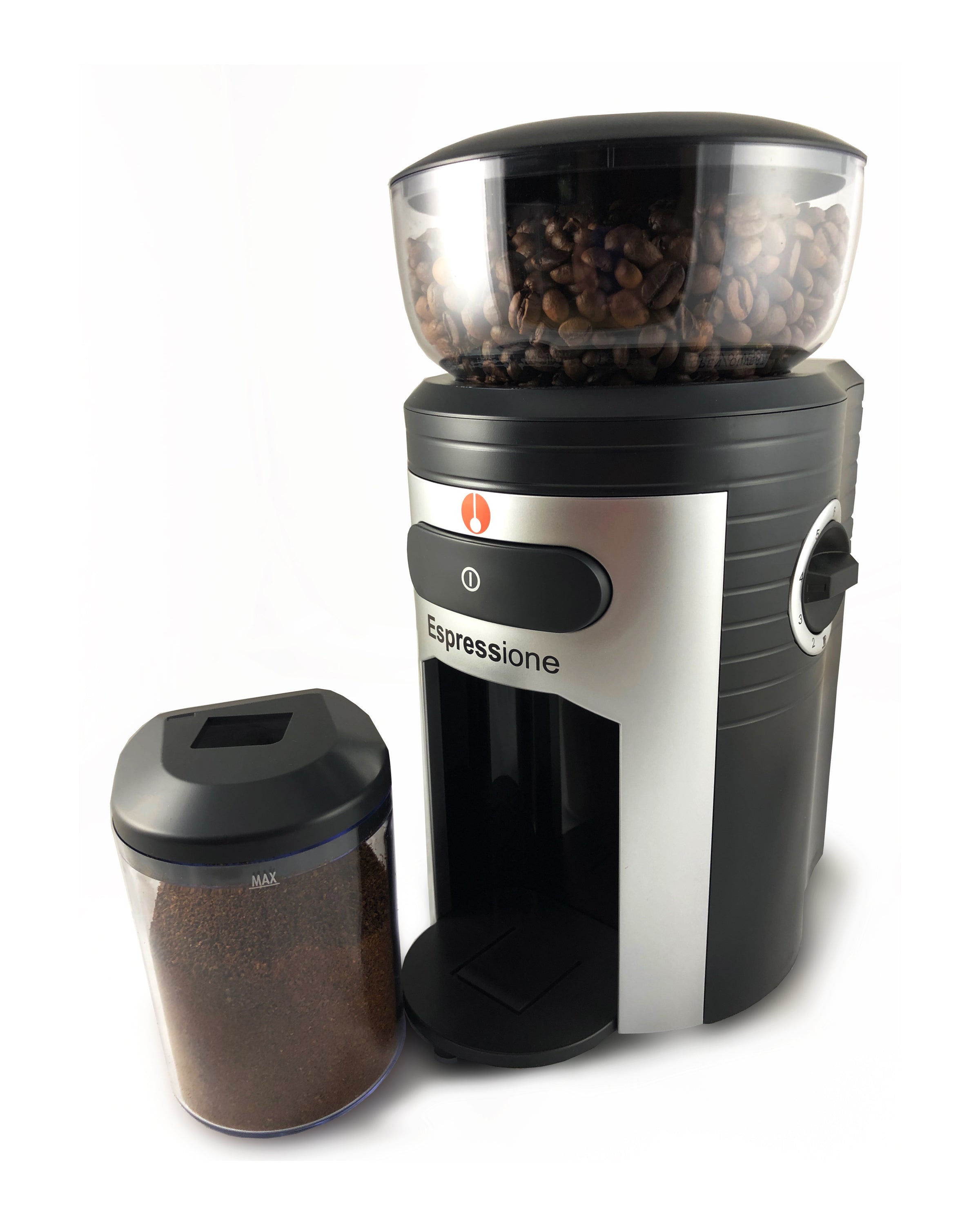 Conical burr coffee grinder with black hopper, silver front panel, and removable grounds bin