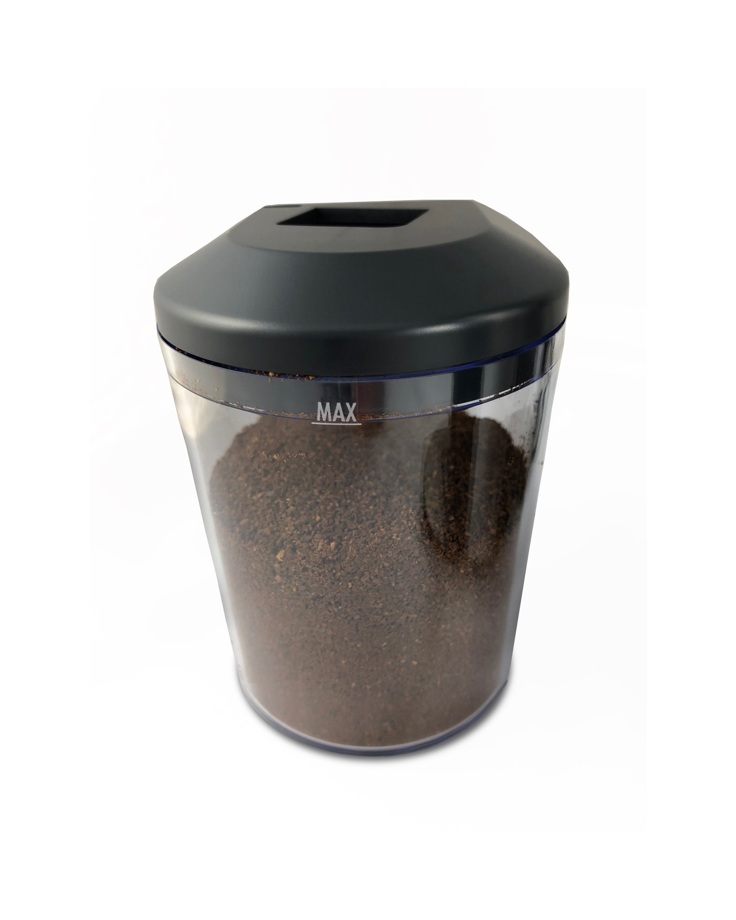 Conical burr coffee grinder with black top and transparent grounds container marked MAX