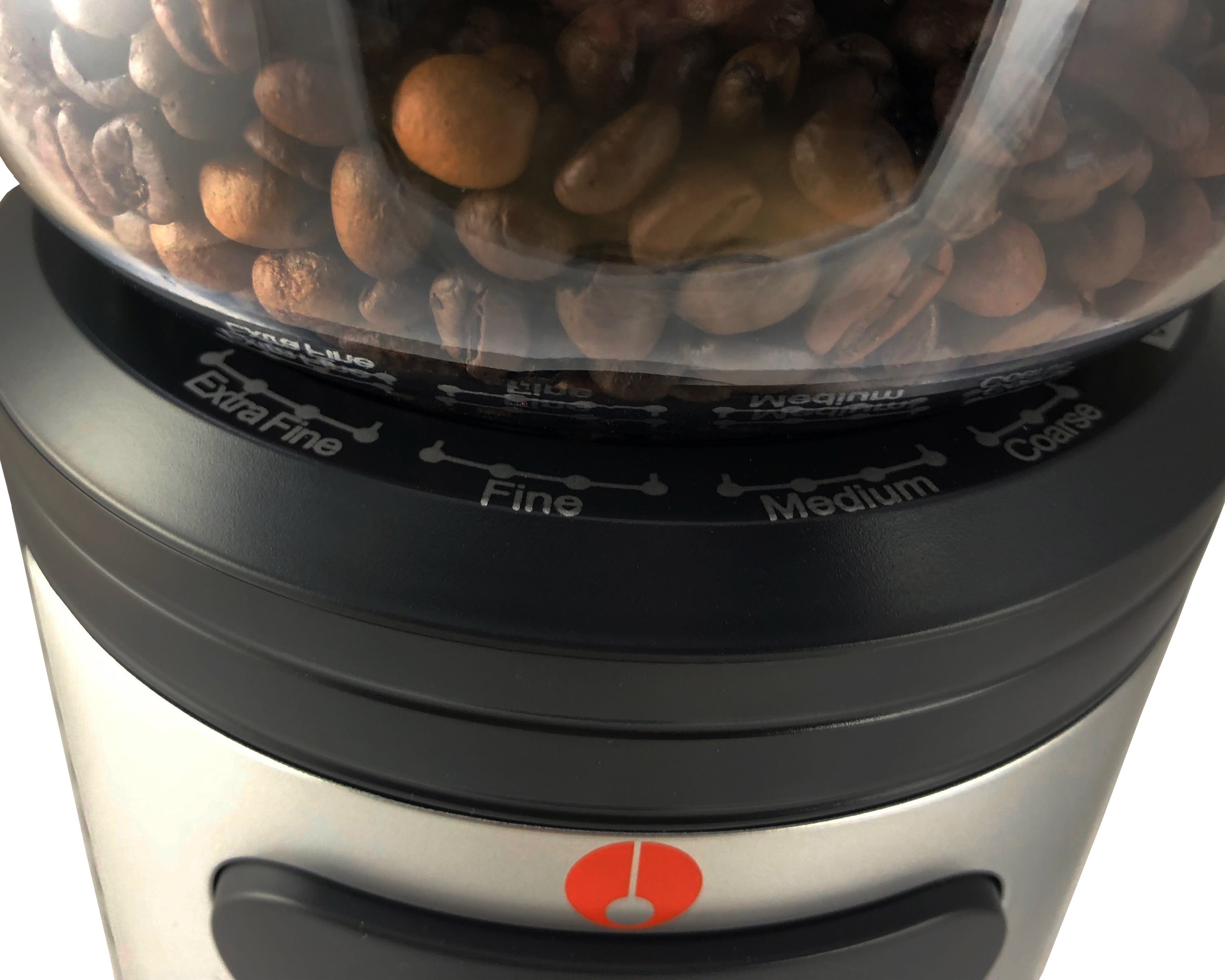 Close-up of conical burr grinder dial area with labeled Fine/Medium/Expert ring