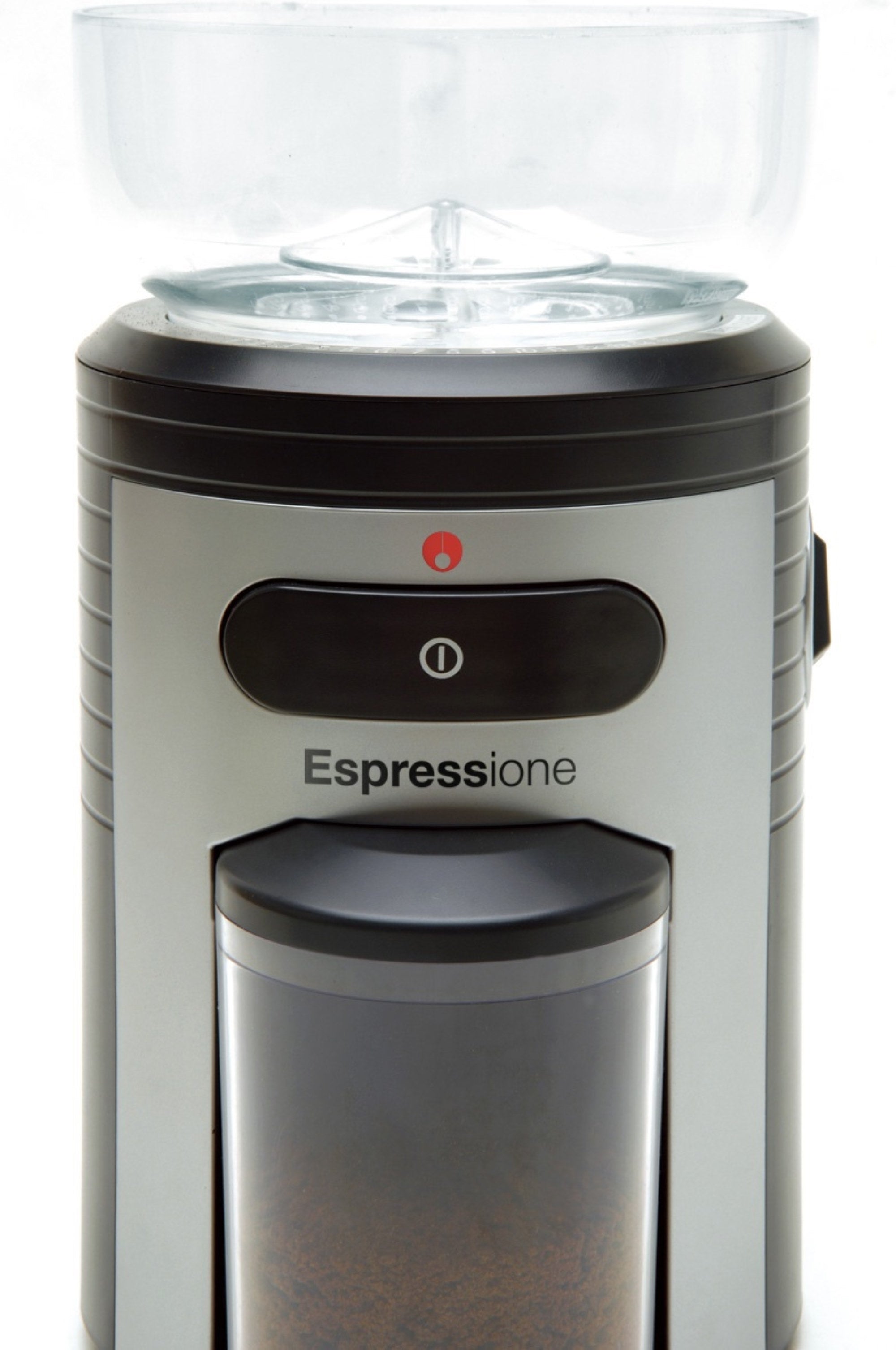Conical burr coffee grinder with clear top hopper and black front control strip