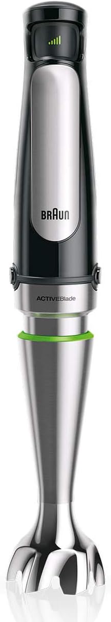 Braun stainless steel hand blender with black top and green accent ring