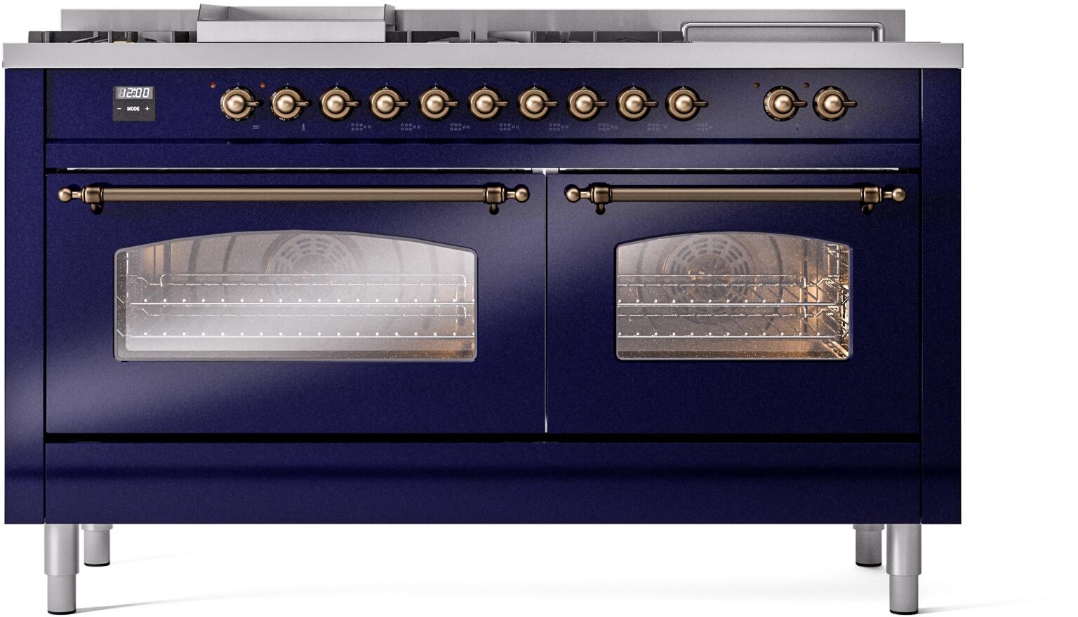 Midnight blue gas range with bronze knobs and dual oven doors, triple glass windows