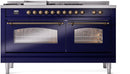 ILVE Nostalgie II 60-Inch Natural Gas Dual Fuel Range with 7 Burners, Griddle, & French Top with Triple Glass Door Oven in Midnight Blue with Bronze Trim (UP60FSNMPMBB)