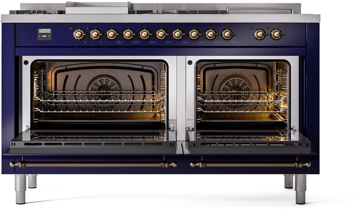 Midnight blue dual-fuel range with both oven doors open, visible racks and burners