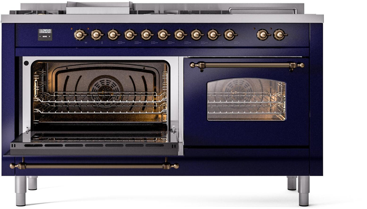 Midnight blue range with open left oven door and right viewing window