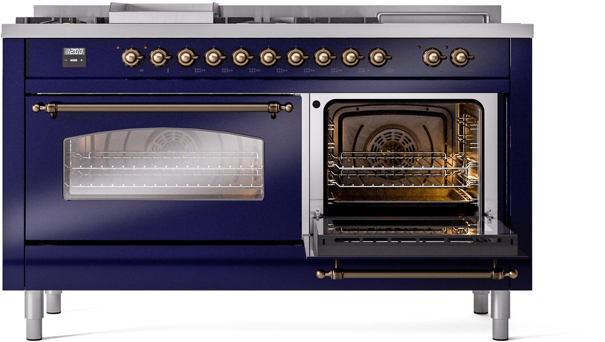 Midnight blue gas range with open oven door and bronze trim, interior racks visible