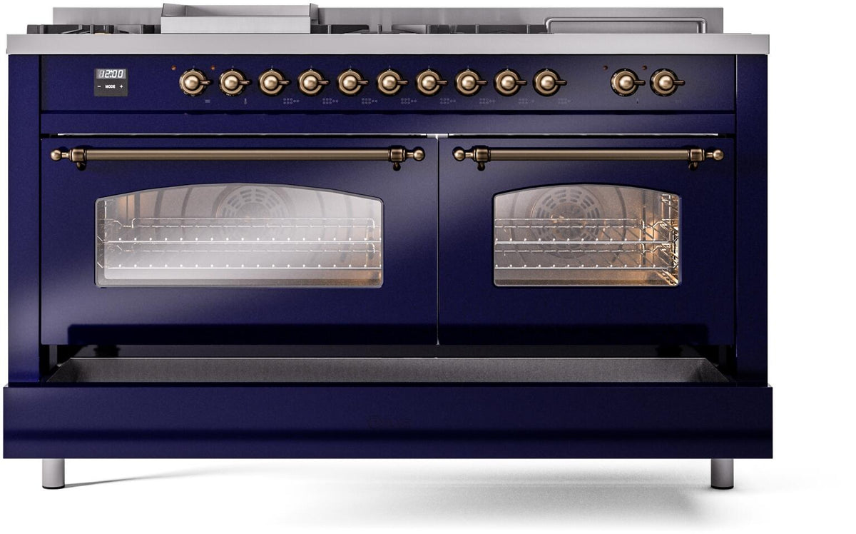 Midnight blue gas range with bronze control panel, two glass oven windows and lower panel