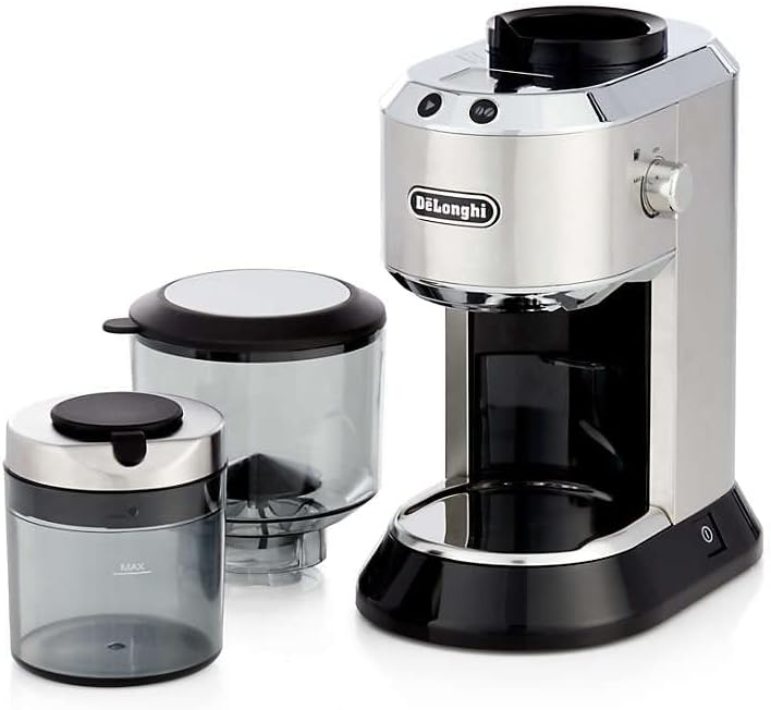 De'Longhi Dedica coffee grinder with hopper and two accessory canisters, silver and black