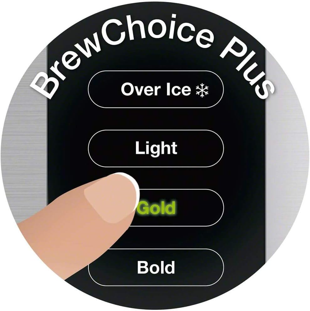 Braun coffee maker settings screen with Over Ice, Light, Gold, and Bold buttons