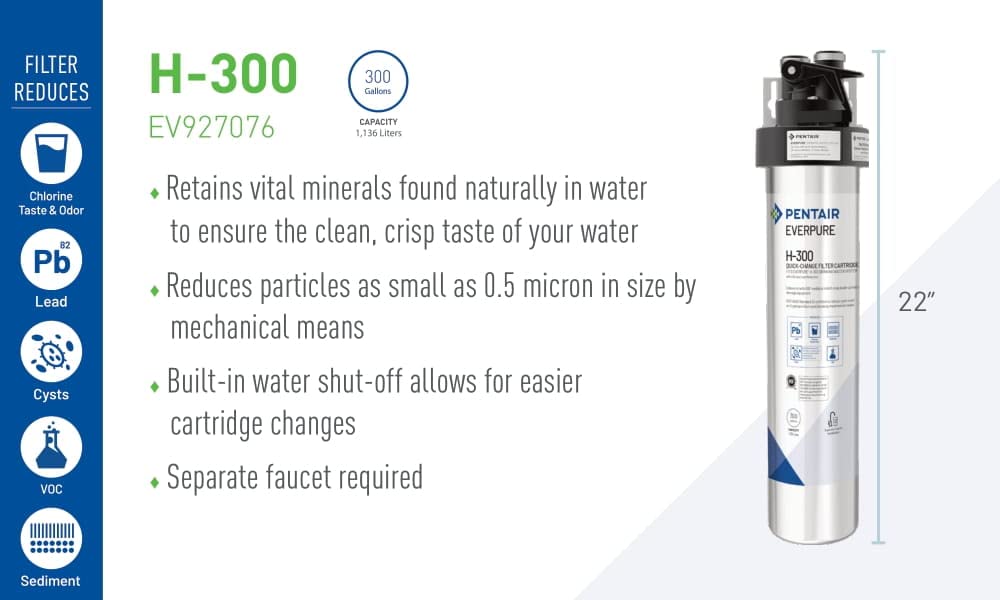 Everpure H-300 filter system benefits panel with measurements and filter cartridge