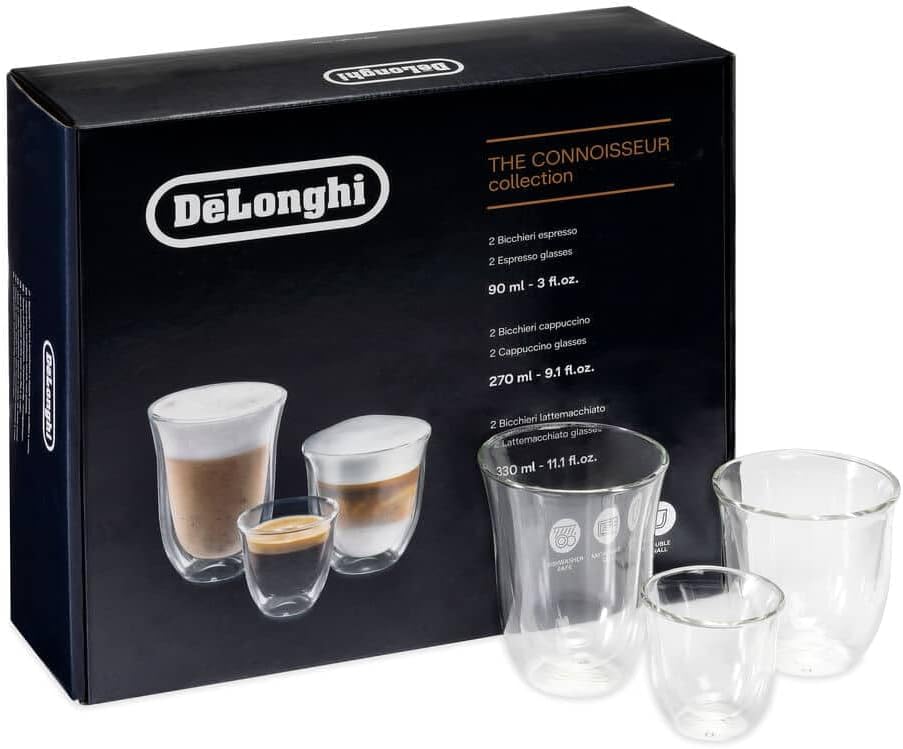 De'Longhi box with clear double-wall thermo glass set, showing multiple sizes of cups.