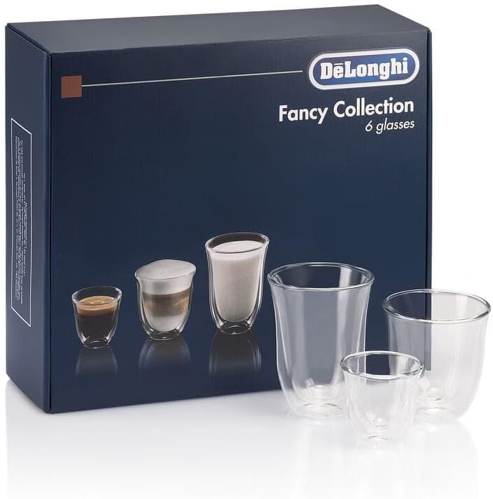 De'Longhi Fancy Collection box with clear double-wall thermo glasses, some shown filled with coffee.
