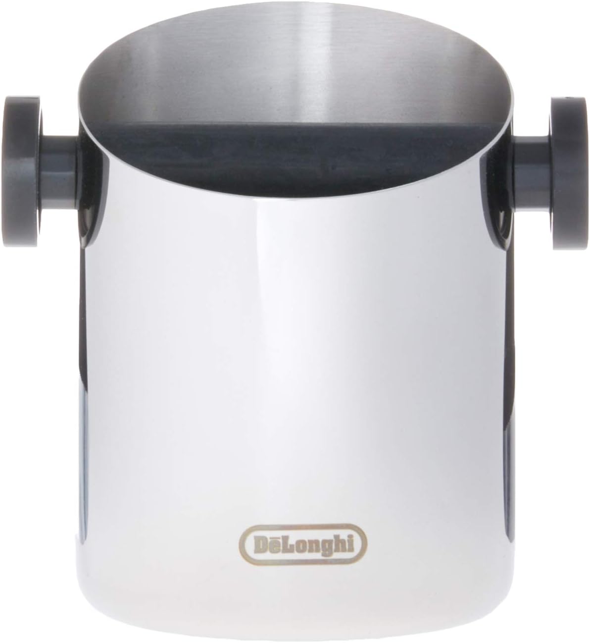 Stainless coffee knock-out box with domed lid, black side handles, and De'Longhi logo