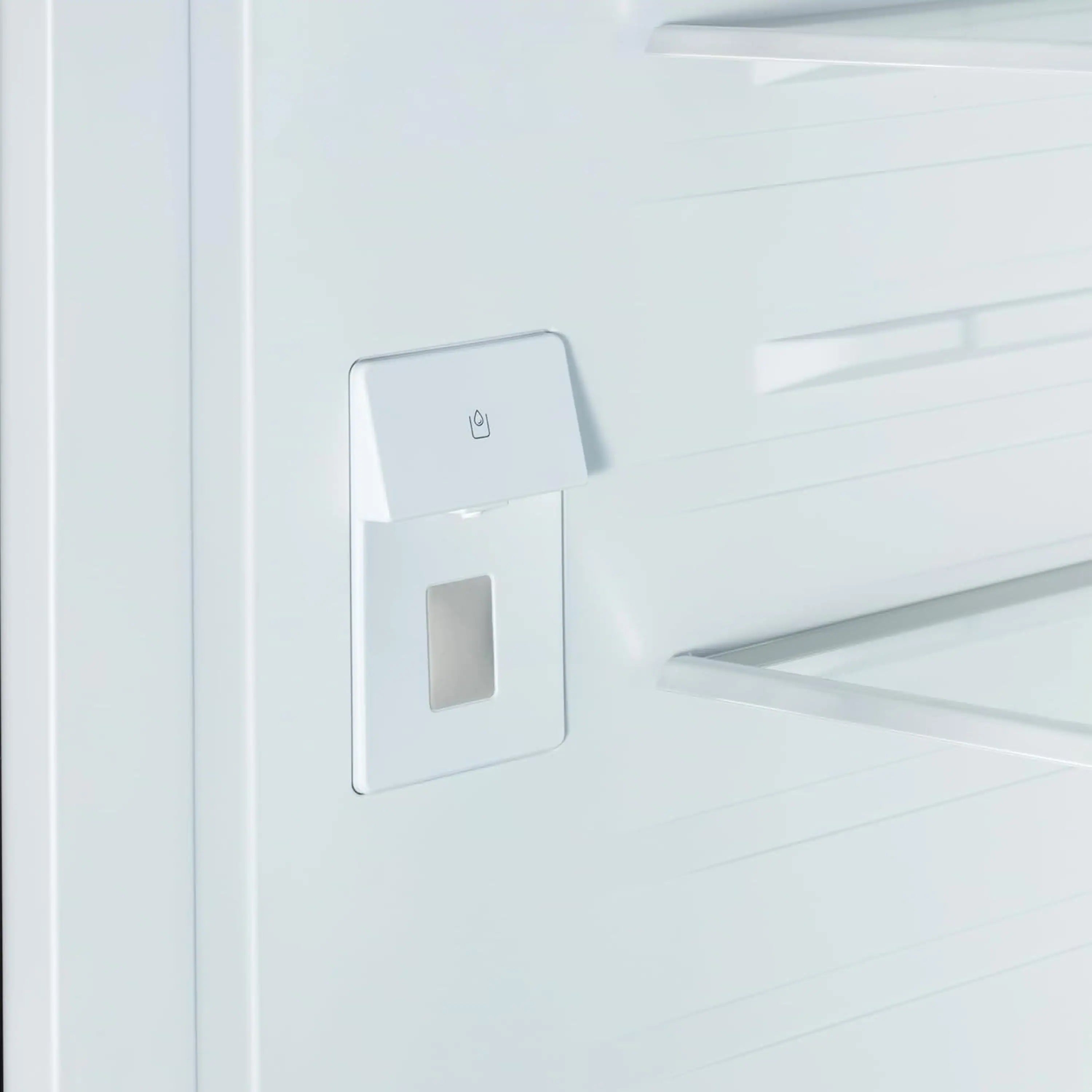 Matte black refrigerator door with dispenser/control panel and small handle
