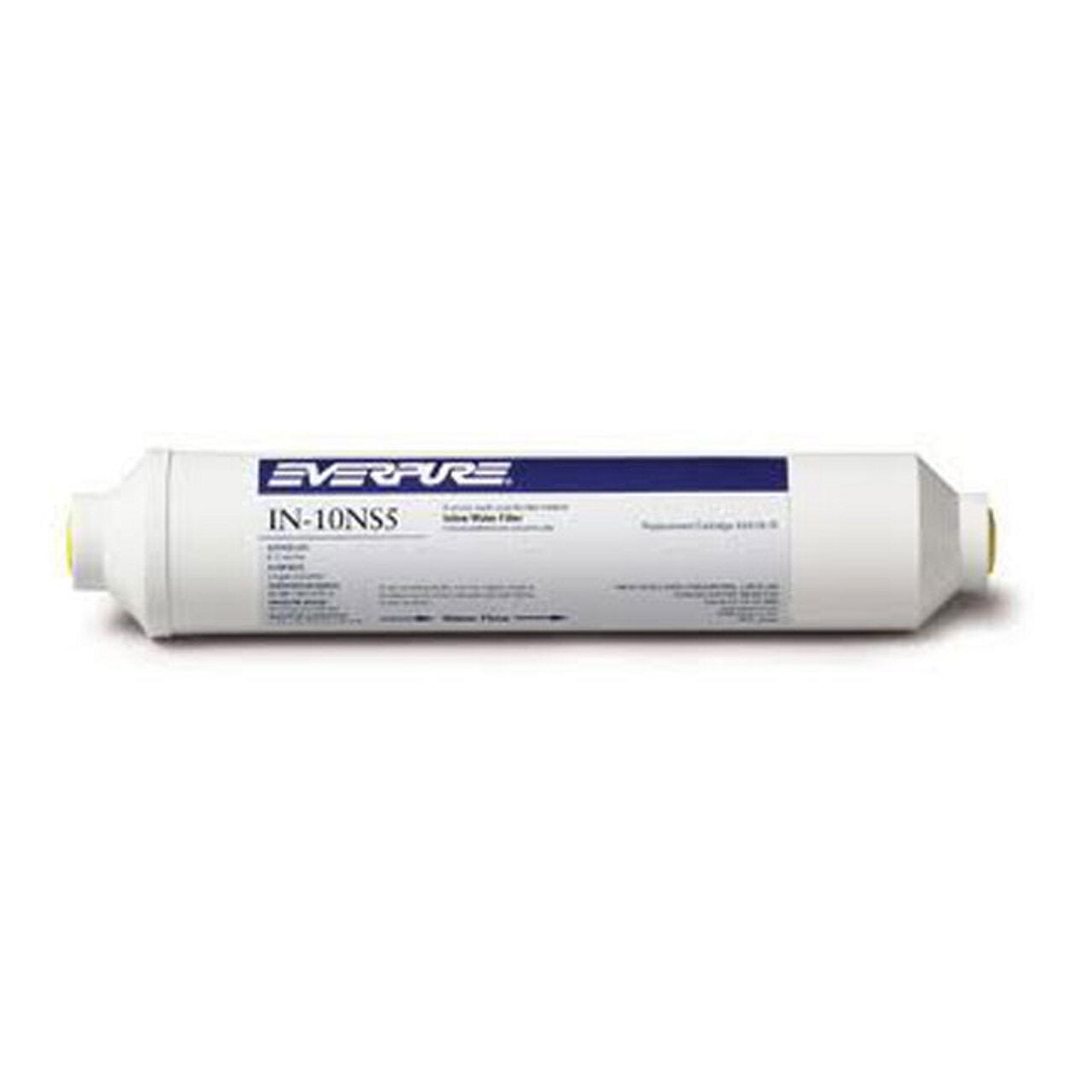 Everpure IN-10NS5 5-micron inline sediment filter cartridge, white cylinder with labels.